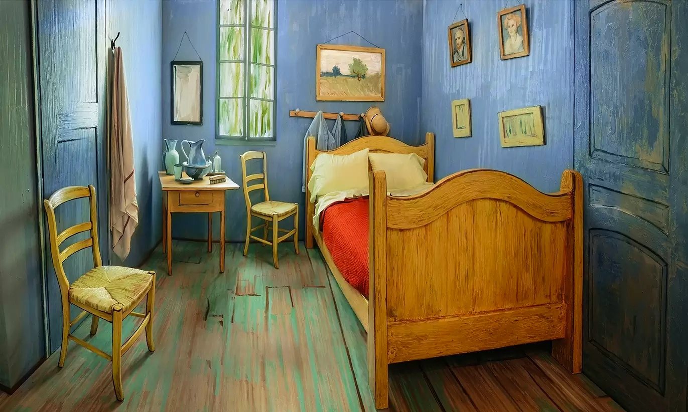 A Recreation of Van Gogh’s Bedroom in Arles Painting. Photograpth Courtesy of The Art Institute Chicago and Airbnb