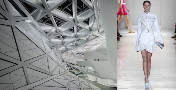 Guangzhou Opera House by Zaha Hadid Architects and Victoria Beckham's Triangle-Appliquéd Silk and Wool-Blend Crepe Shirt. 