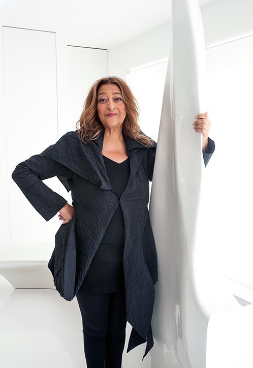 Zaha Hadid in an Elke Walter Coat at Home in her Clerkenwell Penthouse. Photograph Courtesy of Mark C O’ Flaherty.